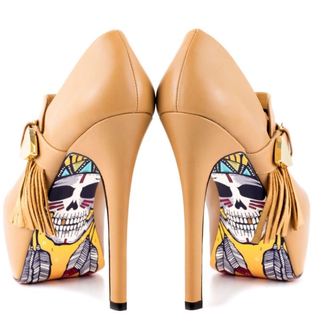 Taylor Says Anisa tan fringe gold buckle Indian skull heel ankle booties boot - Picture 2 of 13